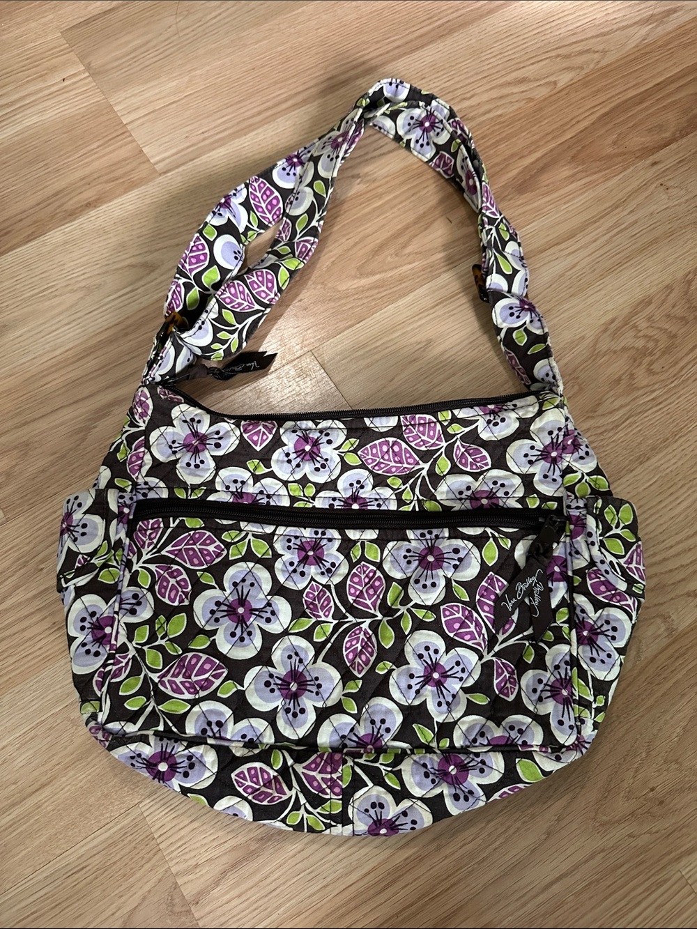 Vera Bradley Brown Floral Quilted Shoulder Bag with Purple & Green Accents